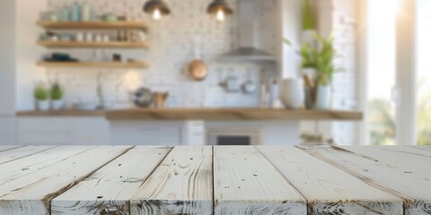 Wall Mural - Empty light wooden table for displaying products against the backdrop of a light kitchen