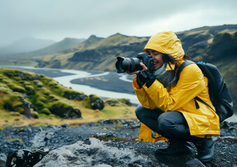 A woman in a yellow coat captures the beauty of the landscape with her camera