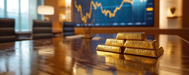 Investing in gold concept. Gold bars on a desk with charts showing gold trading trends on displays in the background