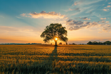 Canvas Print - Golden Hour Rural Summer Sunset with Vast Fields and Tree Silhouette  