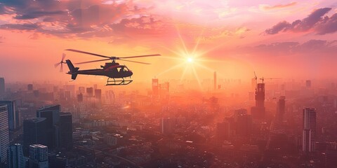 Wall Mural - Aerial View of Helicopter Flying at Dusk