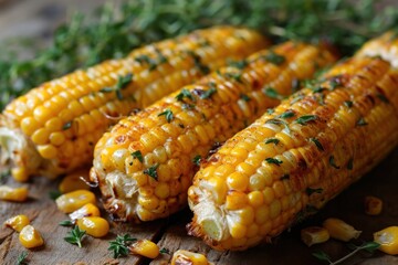 Corn BBQ on wooden background with copy space. Sweet corn BBQ og grill. Grilled corn and tortillas on the cob, authentic mexican cuisine concept with copy space. Mexican Food Concept with Copy Space.