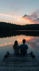 Poster - Couple Enjoying a Serene Sunset by the Lake on a Summer Evening