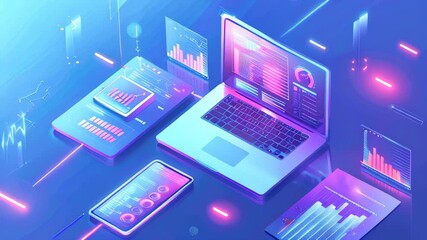 Poster - Isometric illustration of laptop, tablet and phone with data graph charts