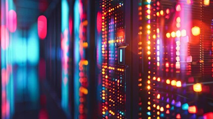 Poster - A row of computer servers in a data center. Concept of cyberspace, communication and technology.