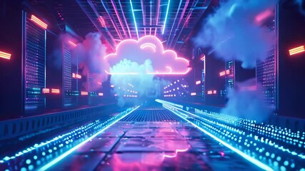 Poster - Blue abstract cloud data hologram. Cloud storage and computing concept animation.