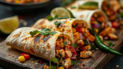 Wall Mural - Classic Burrito: Fresh burritos with chicken and fried vegetables served on rustic wooden board.