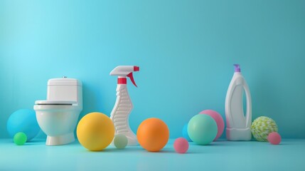 Sticker - Colored Balls on Blue Background with Toilet and Floor Cleaning bottles