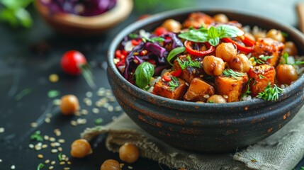 Wall Mural - Buddha Bowl: A bowl filled with a variety of healthy ingredients such as brown rice, chickpeas, roasted sweet potatoes, spinach, red cabbage, and humus. 