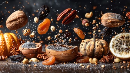 Flying dried fruits and nuts 