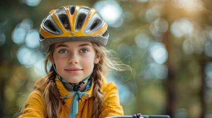 A smiling child with a yellow helmet rides a bicycle outdoors, amidst nature. The sunlight and greenery create a cheerful and energetic ambiance perfect for a playful day outside.