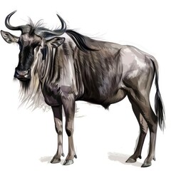 wildebeest (gnu) on a white background, capturing its distinctive horns and robust body. Ideal for wildlife art and educational materials