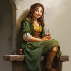 adult hobbit woman friendly style of illustration 