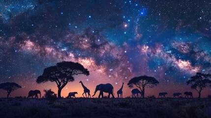 An elephant and a herd of giraffes are walking towards the trees against the background of the Milky Way in a panoramic blue night sky. Milky Way and stars on dark background starry universe nebula