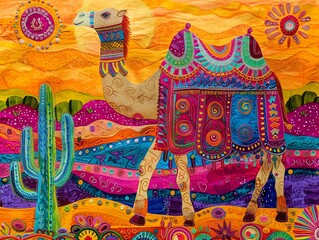 Camel in the desert, Madhubani Bharni style, graceful concept, sun and cactus, vibrant and traditional