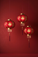 Wall Mural - Traditional Chinese lanterns with gold and jade embossing on a simple red background,