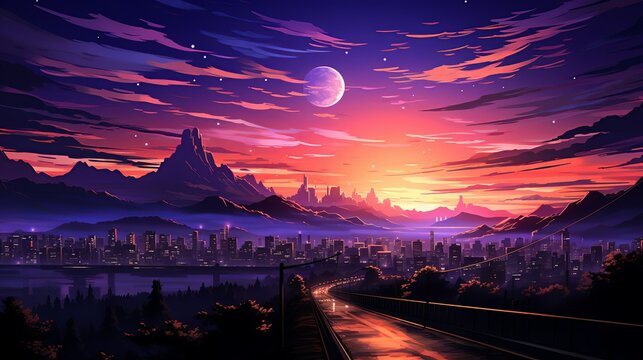A captivating illustration of a futuristic cityscape, with sleek skyscrapers, advanced technology elements, and flying vehicles against a twilight sky. Illustration, Minimalism,