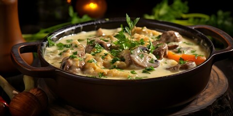 Canvas Print - Classic French Veal Stew Blanquette de Veau. Concept French cuisine, Veal recipe, Slow-cooked stew, Creamy sauce, Comfort food