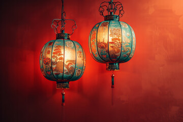 Sticker - Minimalist red background featuring Chinese gold and jade embossing with two lanterns,