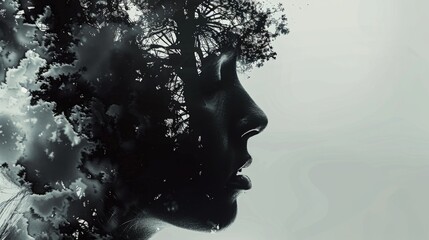 Wall Mural - A woman's face is shown in a black and white photo with a tree in the background