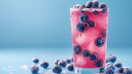 Wall Mural - A glass of blueberry drink with ice and fresh blueberries.