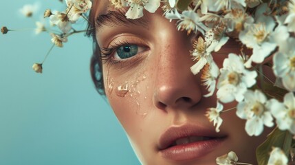 Wall Mural - A woman with a blue eye and a white flower in her hair