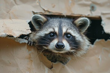 Poster - Sweet raccoon with its head through a ripped hole in a sheet, simple background,
