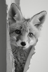 Poster - Charming fox cub peeking through a tear in a sheet on a plain backdrop,