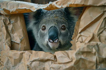 Poster - Adorable koala with its face through a torn hole in a sheet, simple backdrop,