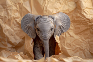 Aufkleber - Charming baby elephant with its head through a rip in a paper sheet, simple background,