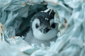 Poster - Endearing penguin chick poking out from a torn hole in a sheet, plain backdrop,