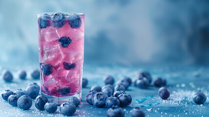 Wall Mural - Glass of blueberry drink with ice and scattered blueberries.