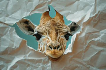 Poster - Sweet baby giraffe peeking from a tear in a sheet on a simple backdrop,
