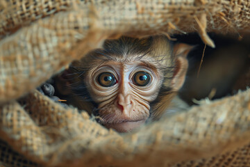 Poster - Endearing baby monkey poking out from a rip in a sheet, simple backdrop,