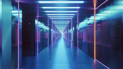 Aufkleber - Empty Futuristic Illuminated Corridor with Neon Lights and Sleek Modern Design, 3D Generated Concept for Advanced Technology and Sci-Fi Environments