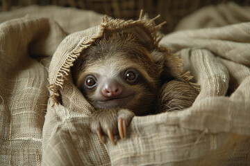 Poster - Sweet baby sloth peeking from a tear in a sheet, plain backdrop,
