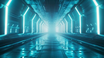 Aufkleber - Empty Futuristic Illuminated Corridor with Neon Lights and Sleek Modern Design, 3D Generated Concept for Advanced Technology and Sci-Fi Environments