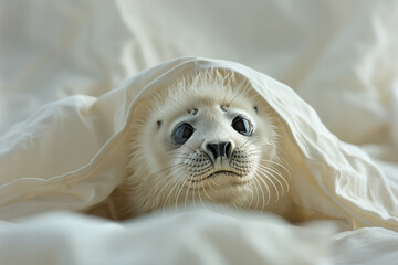 Poster - Endearing baby seal poking out from a rip in a sheet, plain backdrop,