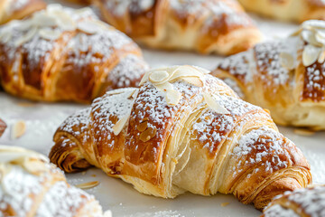 Wall Mural - Fresh Almond Croissants Sprinkled with Powdered Sugar  