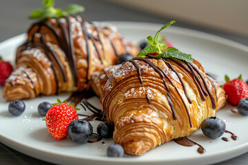 Wall Mural - Chocolate Croissants with Berries and Mint on Modern Plate  