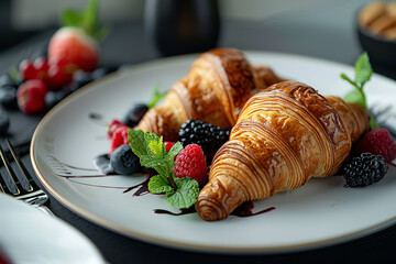 Canvas Print - Chocolate Croissants with Berries and Mint on Modern Plate  