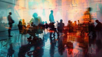 People in office meeting work silhouette blurred abstract color gradient background.