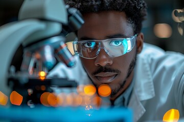 Poster - focused male scientist examining samples under microscope in laboratory