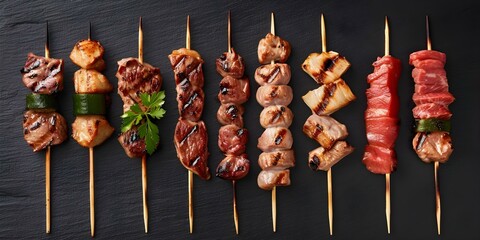 Sticker - Delicious assortment of grilled yakitori skewers with flavorful meats ready to savor. Concept Yakitori Skewers, Grilled Meats, Japanese Cuisine, Flavorful Dishes, Food Photography