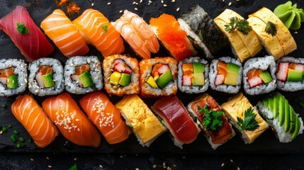Wall Mural - Sushi Rolls: A plate of sushi rolls filled with a variety of vegetables like avocado, cucumber, and carrots. 