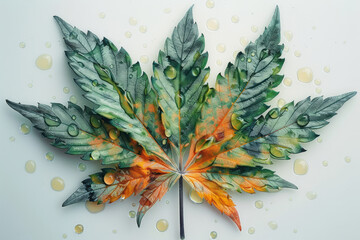 Poster - Photorealistic marijuana leaf with oil extract, intricate details, vibrant and natural colors, on a clean white background,