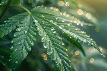 Poster - Marijuana leaf with oil extract in photorealistic style, complex details, vibrant colors,
