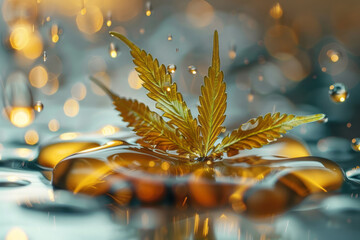 Poster - Highly detailed photorealistic marijuana leaf with oil extract, bright and natural hues, clean white backdrop,