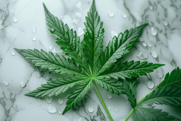 Poster - Marijuana leaf with oil extract, photorealistic style, detailed and vibrant,