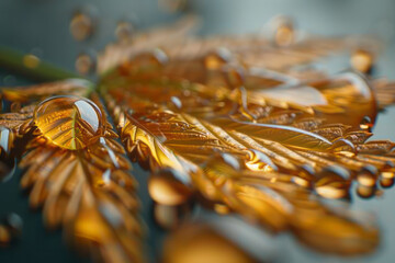 Poster - Photorealistic image of marijuana leaf with oil extract, highly detailed, vibrant hues,